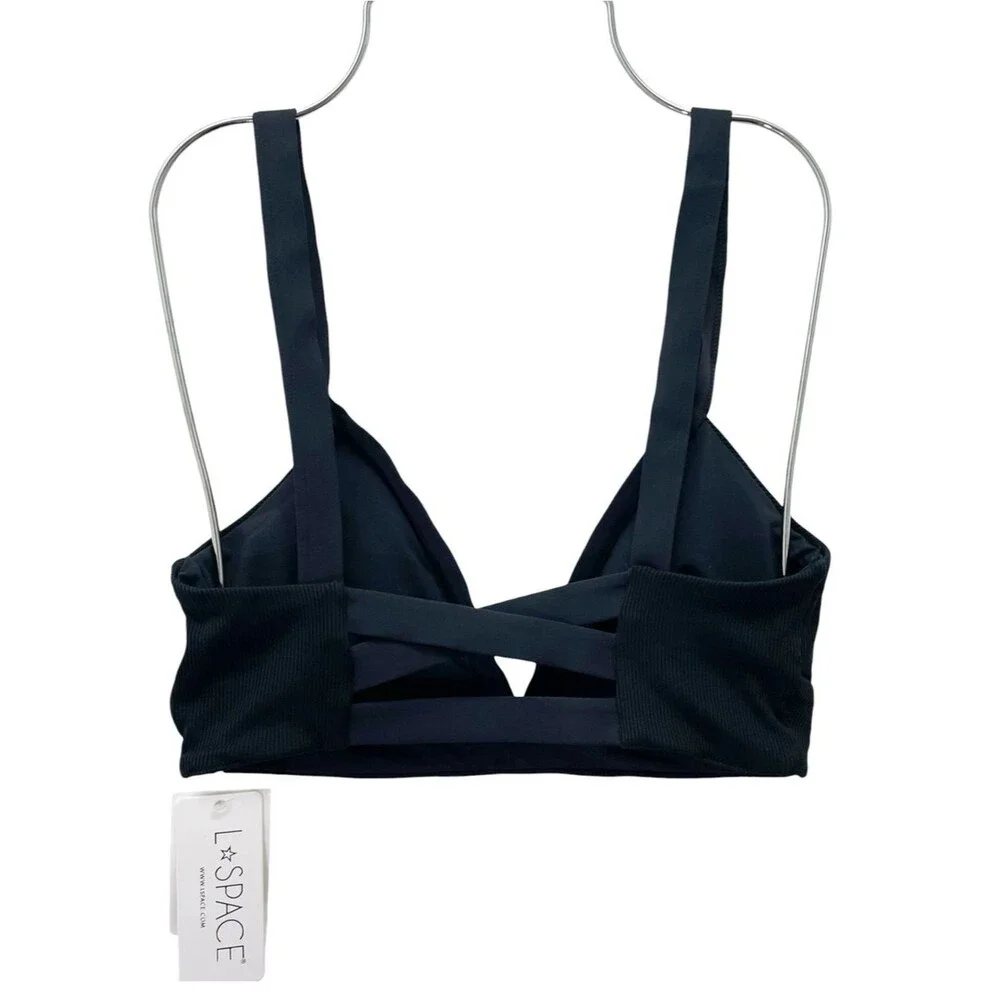 NWT L*Space Vera Bikini Top Size Medium Black Ribbed Deep V Crisscross Back Swim